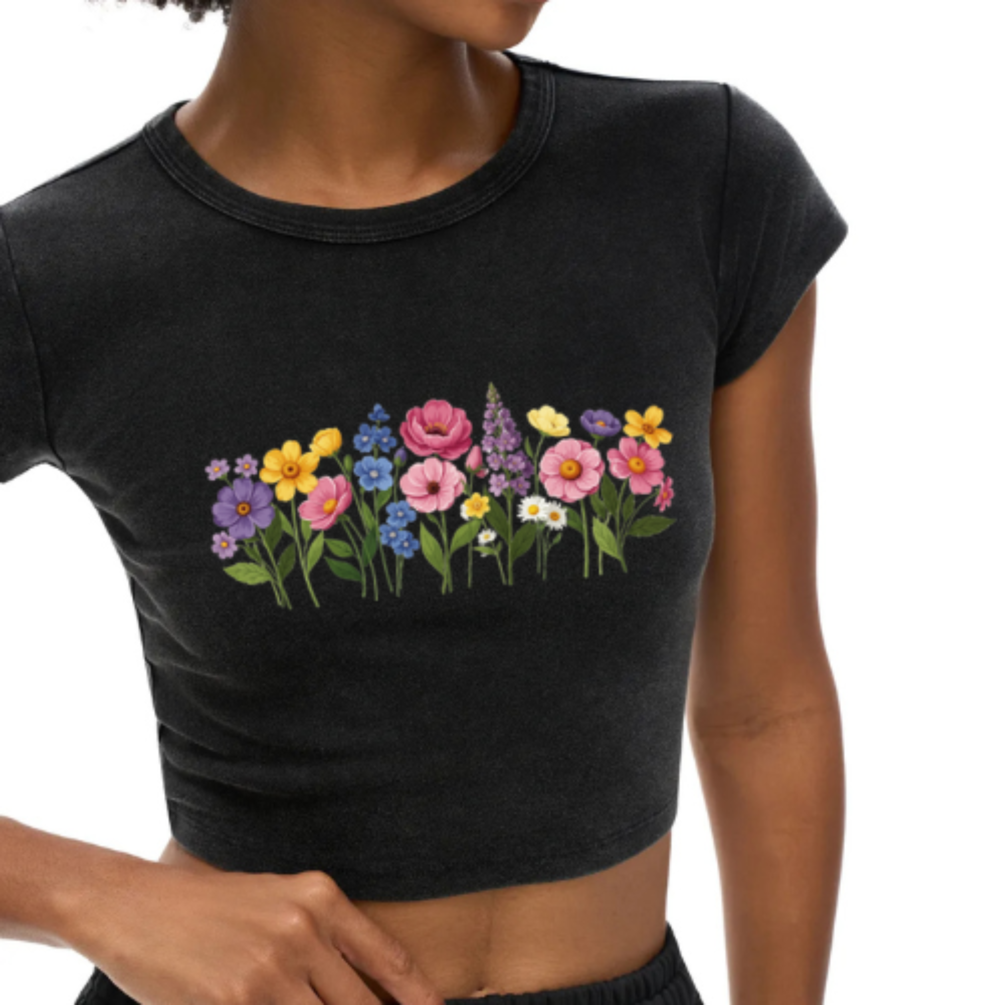 Snow Washed Cropped Floral Top